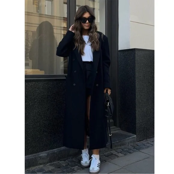 Zara Long wool blend Black Double-Breasted Coat - Picture 2 of 12